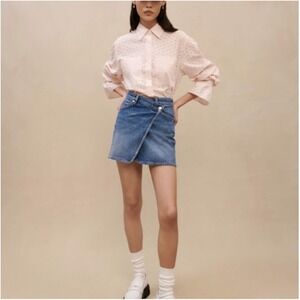 Maje Japine Stretch Denim Skirt Mini Asymmetrical Wrap Front Blue‎ Jean Size 36